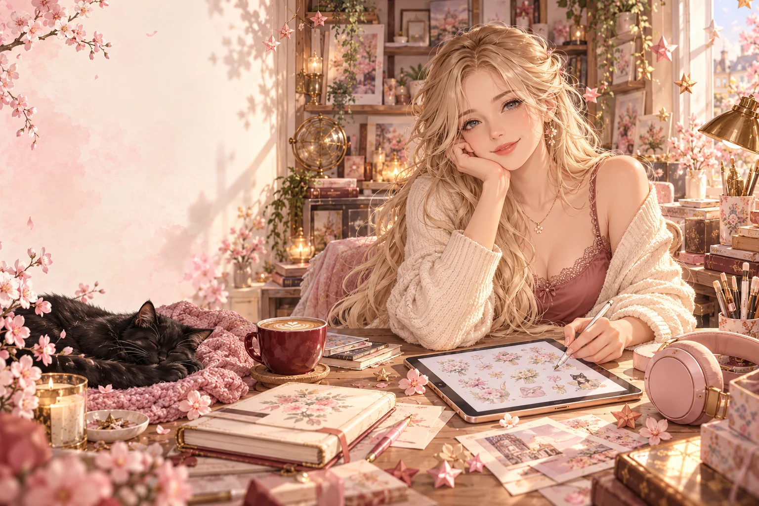 Mia, a blonde anime illustrator, welcomes you into her warm creative studio